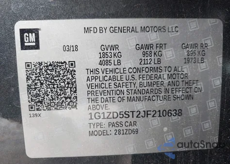 2018 Chevrolet Malibu Lt из США, поврежденный, VIN 1G1ZD5ST2JF210638